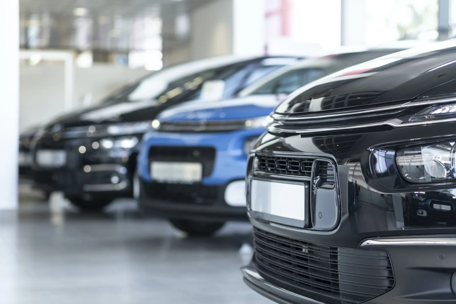Rând de autoturisme noi într-un showroom